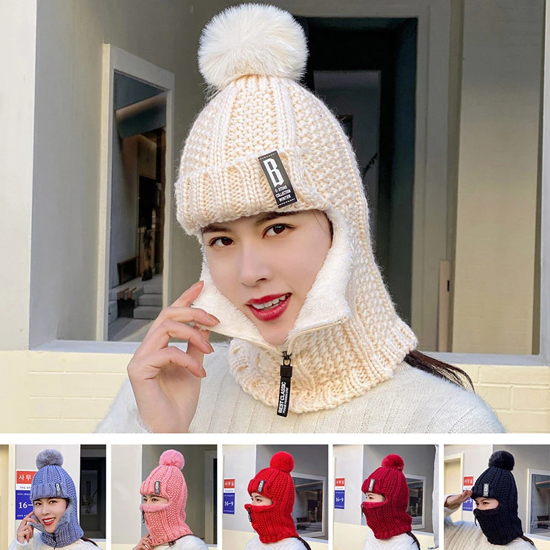 Winter Women's Knitted Caps Plush Pullover Earmuff Cap Neck And Face Protection Velvet Windproof Warm Hat With Zippe