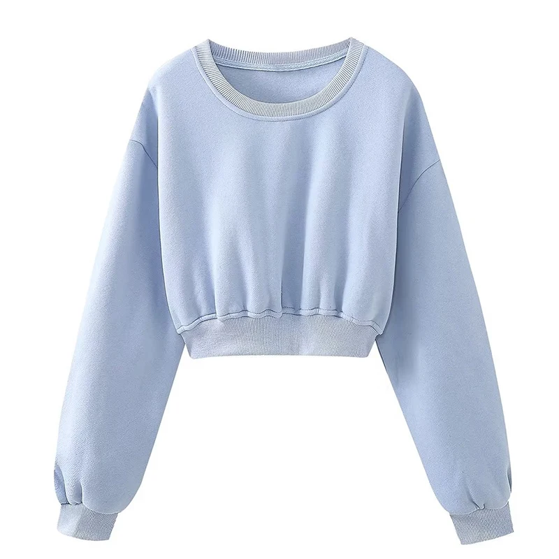 

YENKYE　New Autumn Women Light Blue Basic Crop Sweatshirt Long Sleeve O Neck Female Loose Casual Pullovers Rops