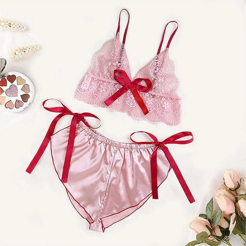 Sexy Lace Silk Sleepwear Two Pieces Lingerie Women Crop Tops Shorts Nightwear