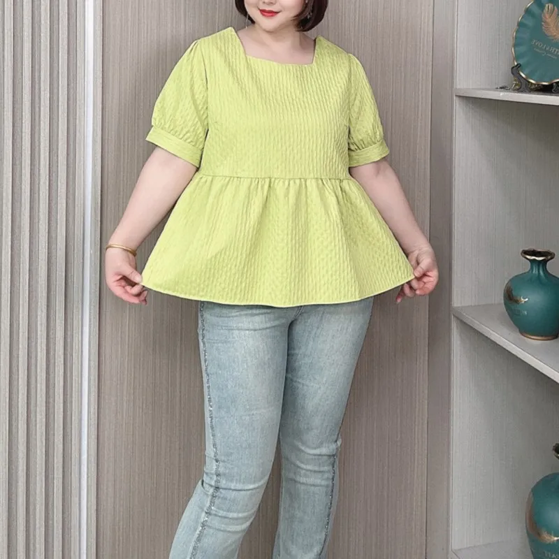 Plus Size Women Summer New Square Collar Blouses Loose Thin Cover Chic Sweet short-sleeved Tops