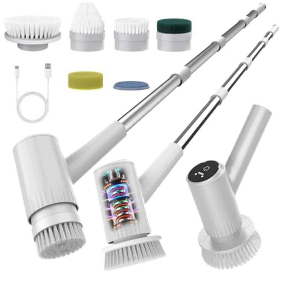 

Электрическая вращающаяся щетка-скруббер - беспроводная чистящая щетка на 4500 мАч с 6 насадками, регулируемая ручка 47 дюймов, облегчает боль в спине, водонепроницаемость IPX7