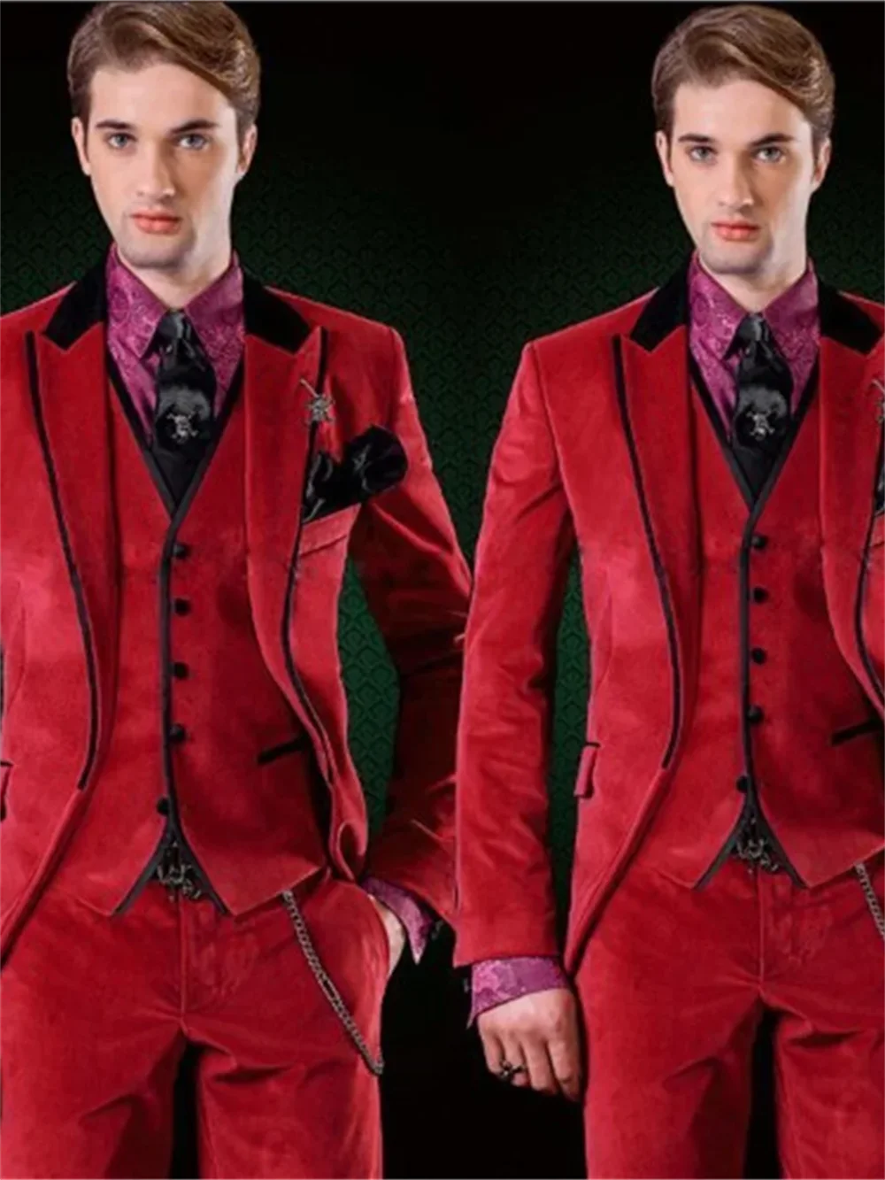 3 Pieces Men\'s Red Velvet  Suit Tuxedos Single Breasted Jacket Vest Pants Wedding Prom Banquet Busienss Tuxedos