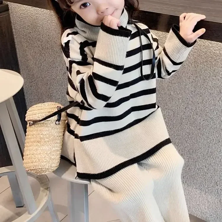 Childrens Sets Clothing Girls Knitting Autumn New Korean Fashion Stripe High Collar Sweater Wide Leg Pants Two Piece Set