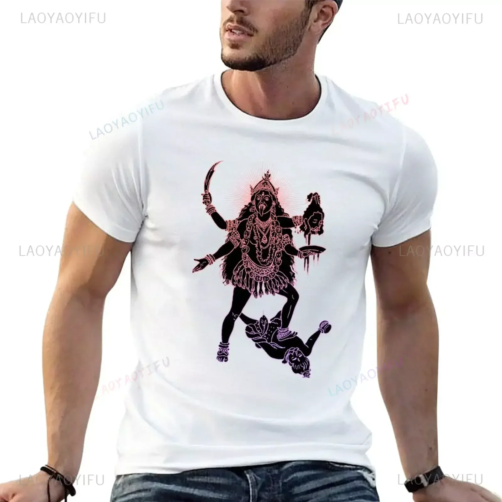 Asian Spiritual Symbol Oriental Wisdom Hindu Goddess Kali Line Drawing Vector Illustration Men Women Short Sleeve T-shirt