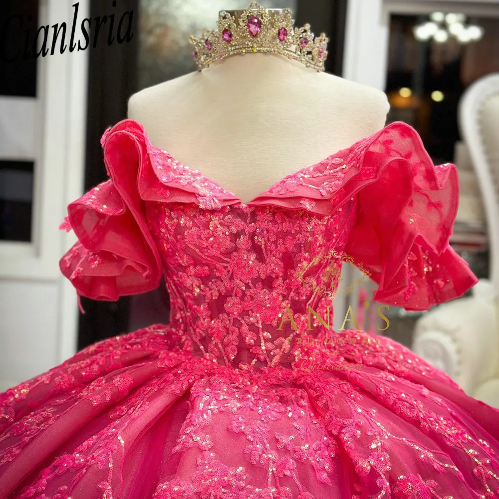 Vestido De baile De encaje con lentejuelas y volantes fucsia, quinceañera, corsé con hombros descubiertos, 15 Años