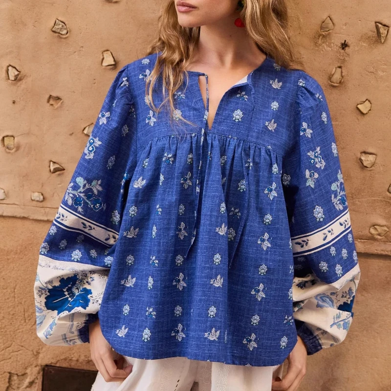 

Women Flower Print Blue Shirt tops Lace-up Round Neck Lantern Sleeve Vintage Loose Blouse Top