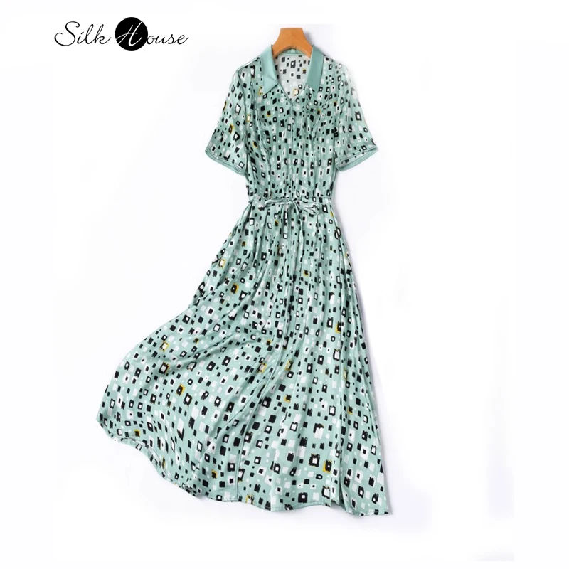 

Cool Light Green Printed 90% Natural Mulberry Silk Elastic Soft Glutinous Satin V-neck Short Sleeved Women's Casual Dress