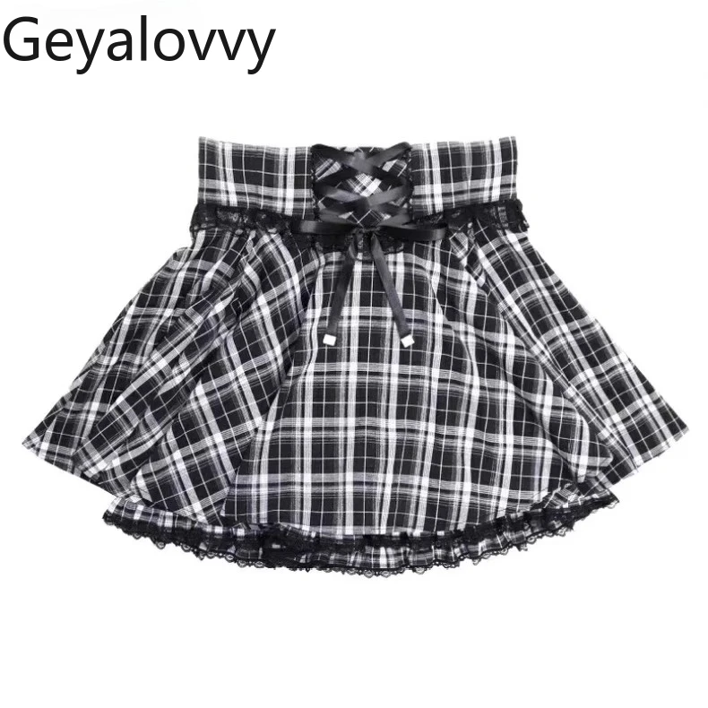 

Japanese Style SC Plaid Tie High Waist Skirt Shorts Summer New Sweet Cute Girls Versatile Bow Slimming A-line Mini Skirts