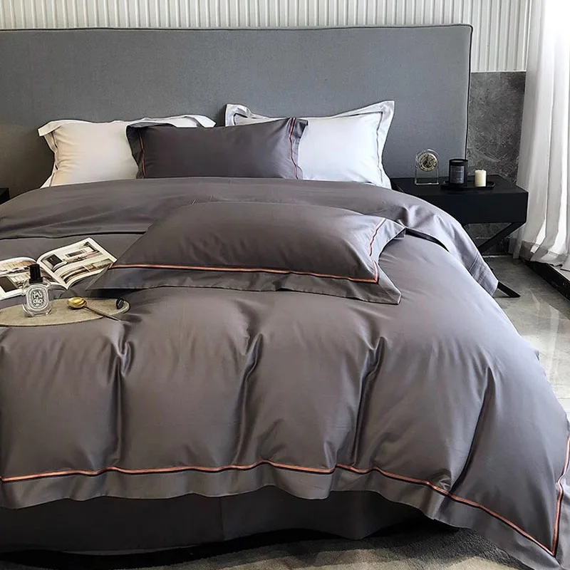 

2024 Four-piece Bedding Simple Cotton Double Household Bed Sheet Feather Atterns Quilt Cover Comfortable Bedding Orange Color