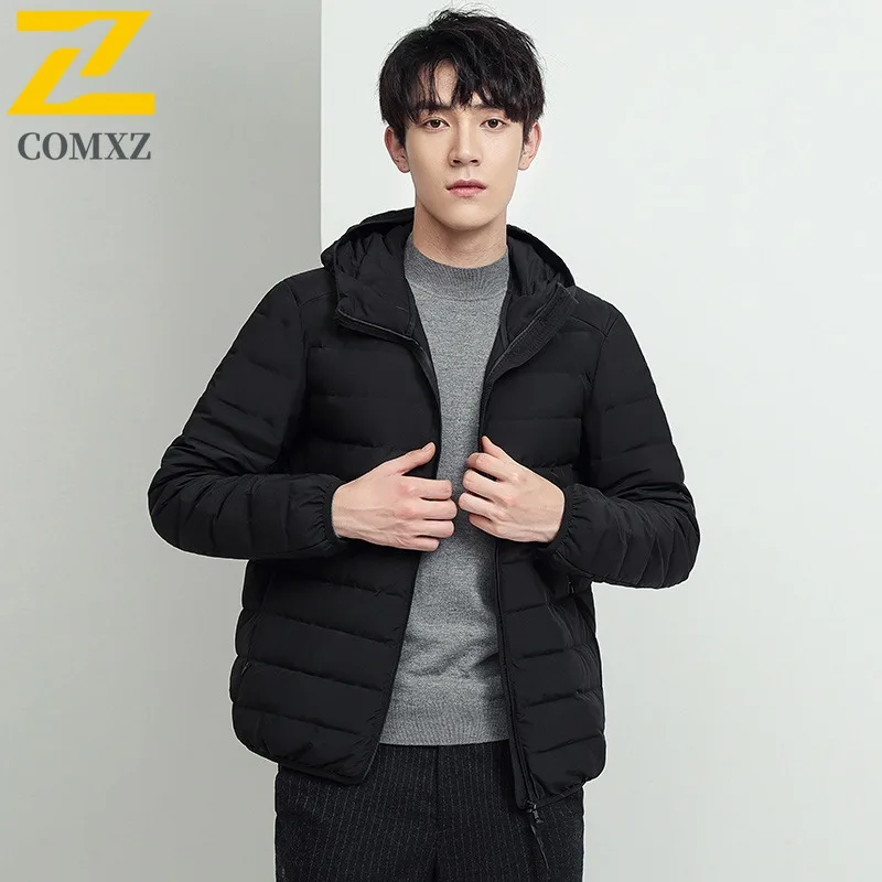 COMXZ Down Jacket Hooded Slim Fit Versatile Solid Color Warm Skiing Puffer Jacket Loose Minimalist Parker Coat Men's Clothing