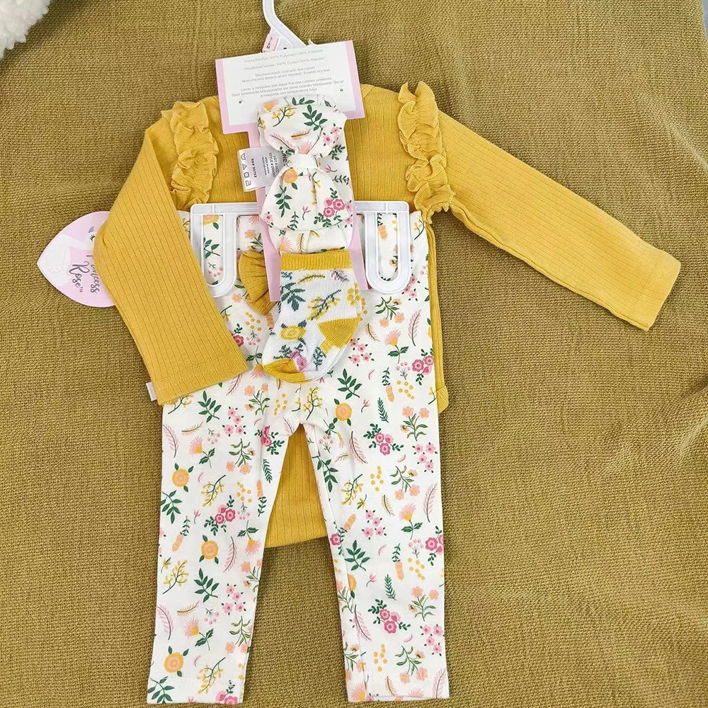 Newborn Baby Boys and Girls Clothes Set Long Sleeve Tops Floral Print Pants Headband Outfits Casual 0-9 Months New born Clothing