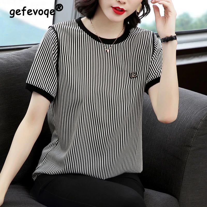 Women Clothing 2024Summer Korean Fashion Striped Patchwork Short Sleeve Elegant T-shirt Ladies Casual O Neck Loose Pullover Tops