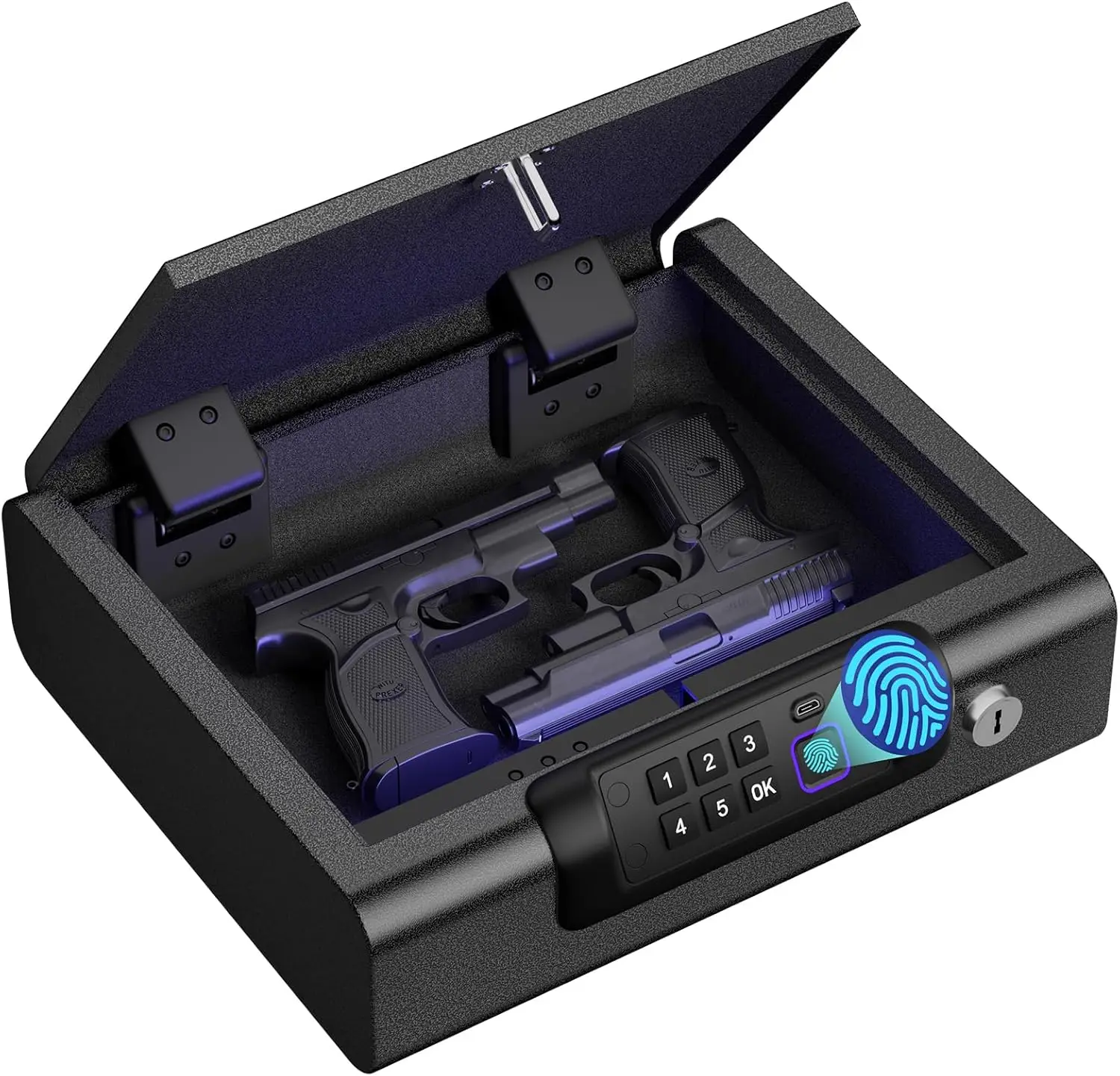 

Biometric Gun Safe for Pistols, Portable Electronic Lock Box with LED Light, Silent Mode, Bedside Nightstand Safe