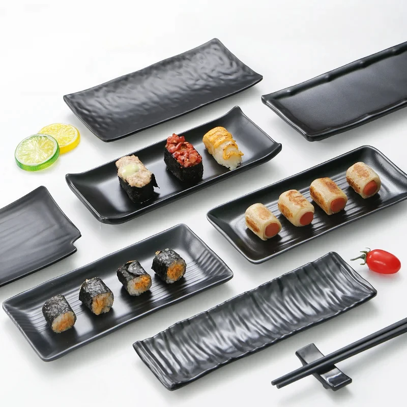 Japanese Melamine Tableware Black Frosted Barbecue Plate Imitation Porcelain Anti Drop Rectangular Sushi Dish Kitchen Supplies