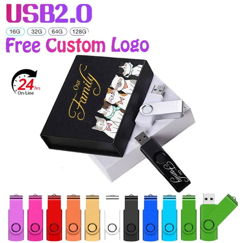 NEW Rotatable Color Plastic USB 2.0 Flash Drive 128GB Gift Box Custom The Logo for Free Pendrive 64GB Business Gift Memory Stick