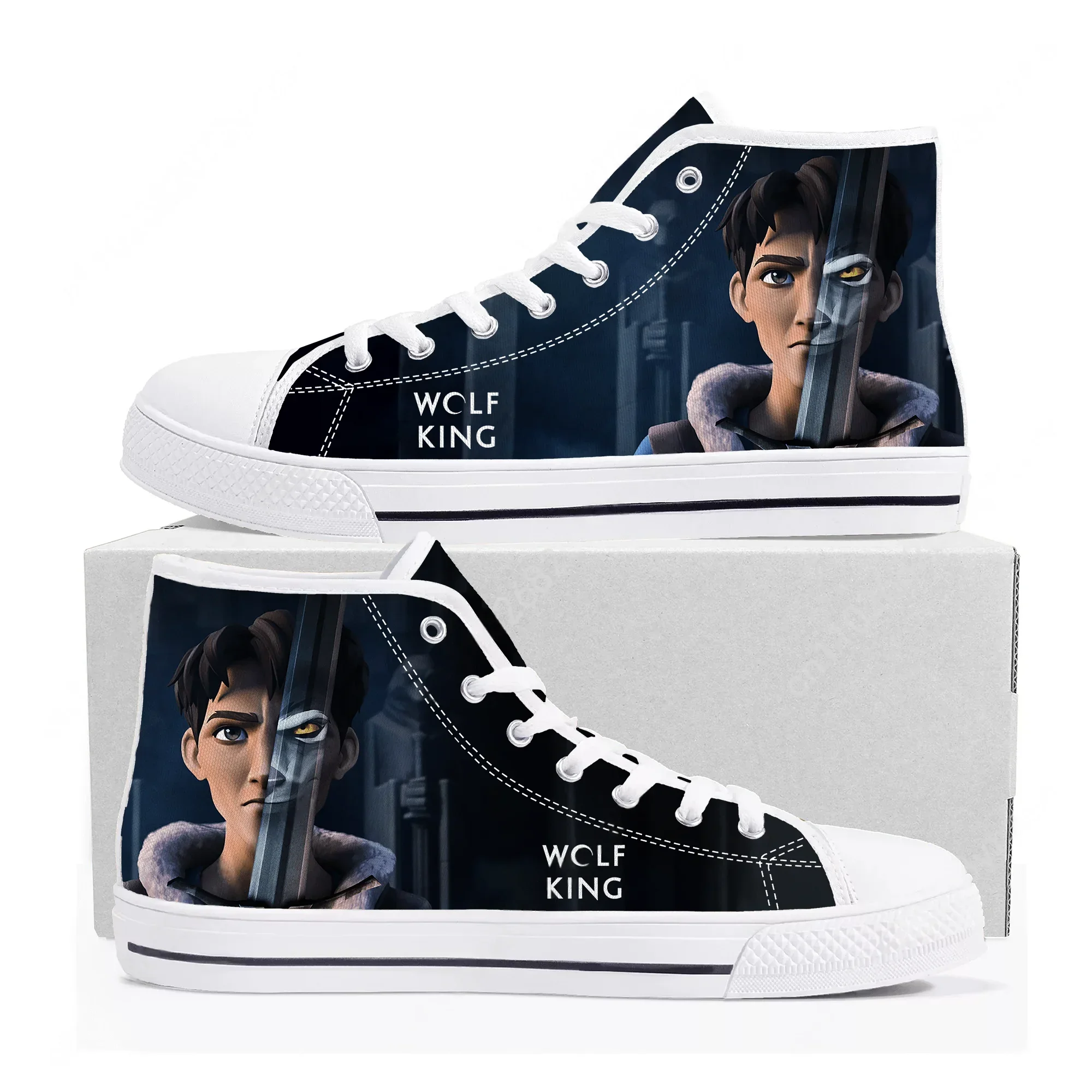 Tênis de cano alto Wolf King de alta qualidade, tênis de lona masculino, feminino e adolescente, tênis casuais com padrões personalizados, sapatos personalizáveis