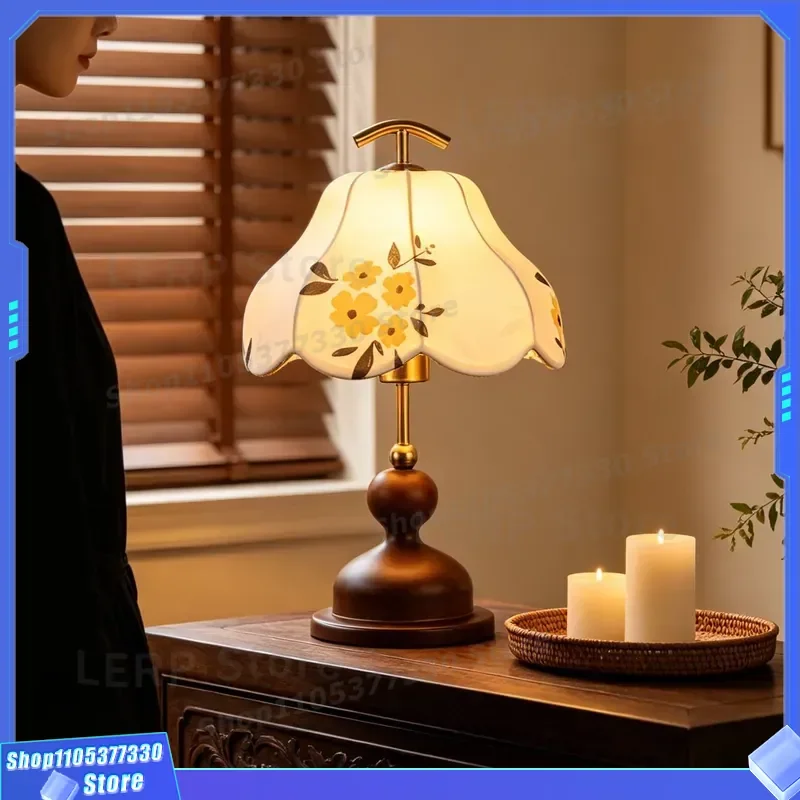 American Retro Fabric Bedside Lamp Wabi Sabi Style Reading Light for Bedroom Study Chinese Decorative Table Lamp Living Room
