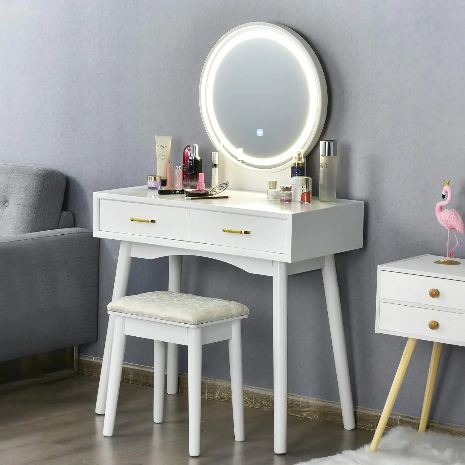 CHARMAID Vanity Set with Touch Screen Dimming Lighted Mirror, 3 Color Lighting Modes, Modern Bedroom Makeup Dressing Table with