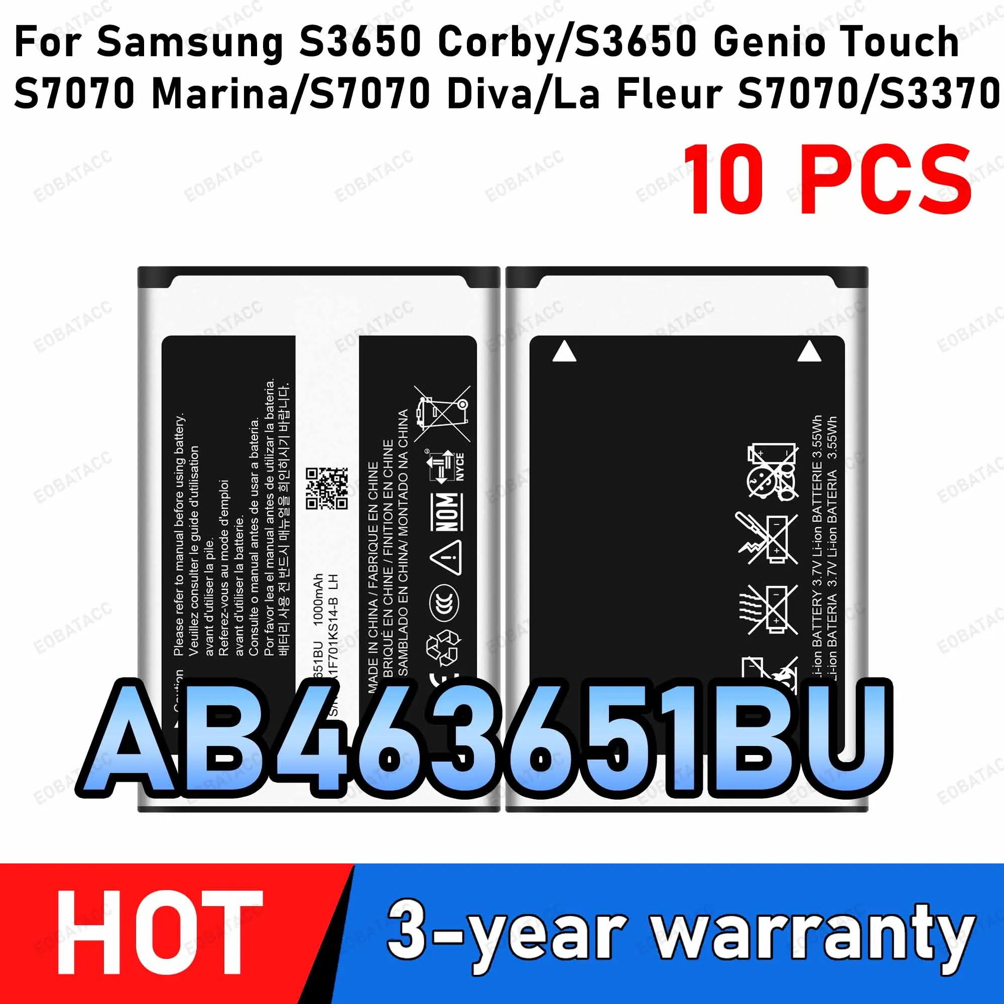 10Pcs/Lot AB463651BU Replacement Phone Battery for Samsung J808E W559 F408 F339 S3650C j808 F278 S7220 S359
