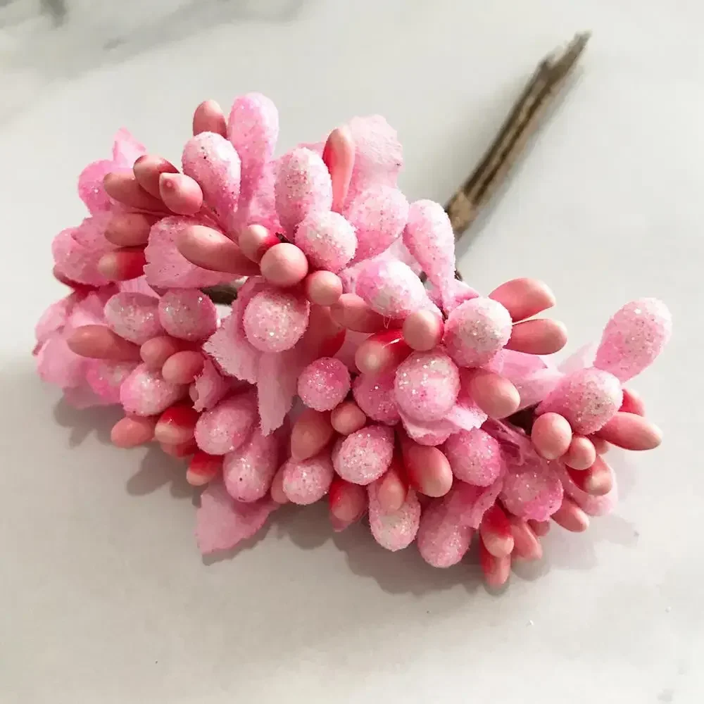 6/8/10/12/24/200pcs Pink Hybrid Flower Cherry Stamen Berries Bundle DIY Cake Christmas Wedding Gift Box Wreaths Decor