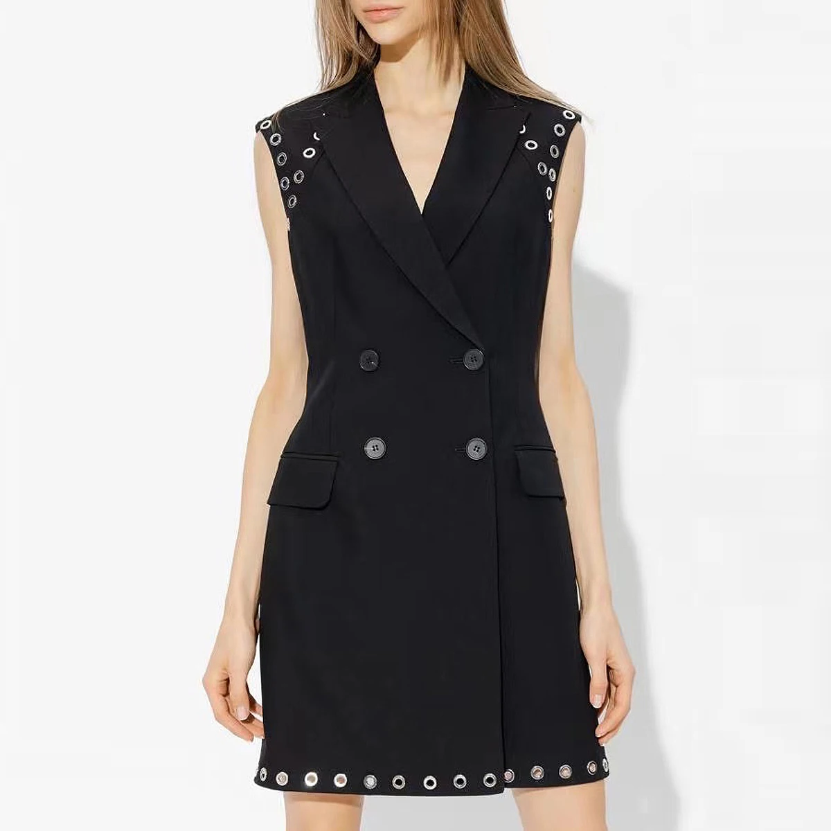 

Summer New Fashionable High-End Solid Color Perforated Sleeveless Slim Fitting Temperament Commuter Women's Suit Dress