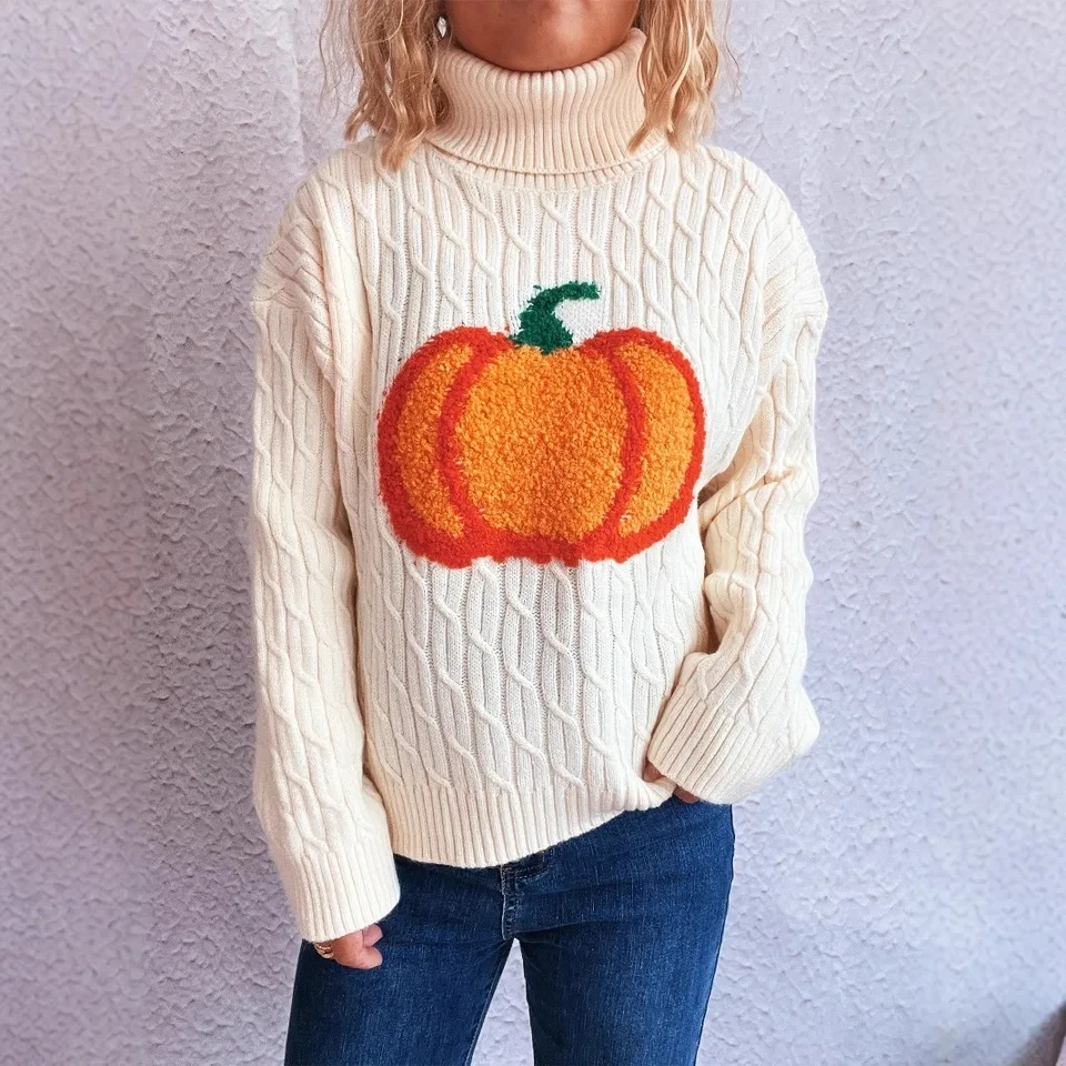 Women Turtleneck Pumpkin Printed Long-sleeved Loose And Versatile Can Be Worn Outside Or Knitted Sweater Inside Pull Hiver Femme