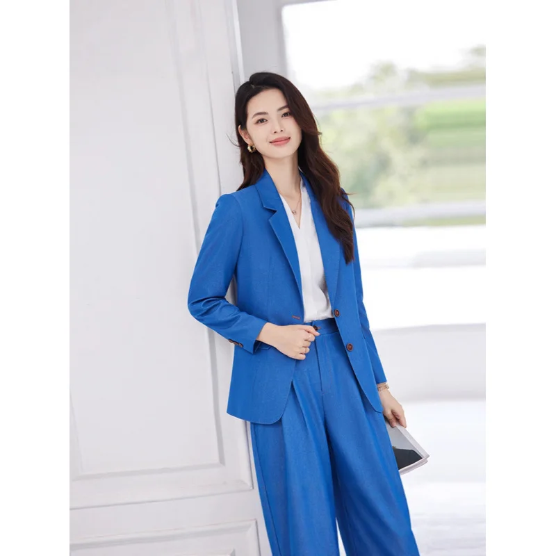 Blue women's blazer for spring and autumn, new professional attire, formal fashion, casual and elegant small suit set, workwear