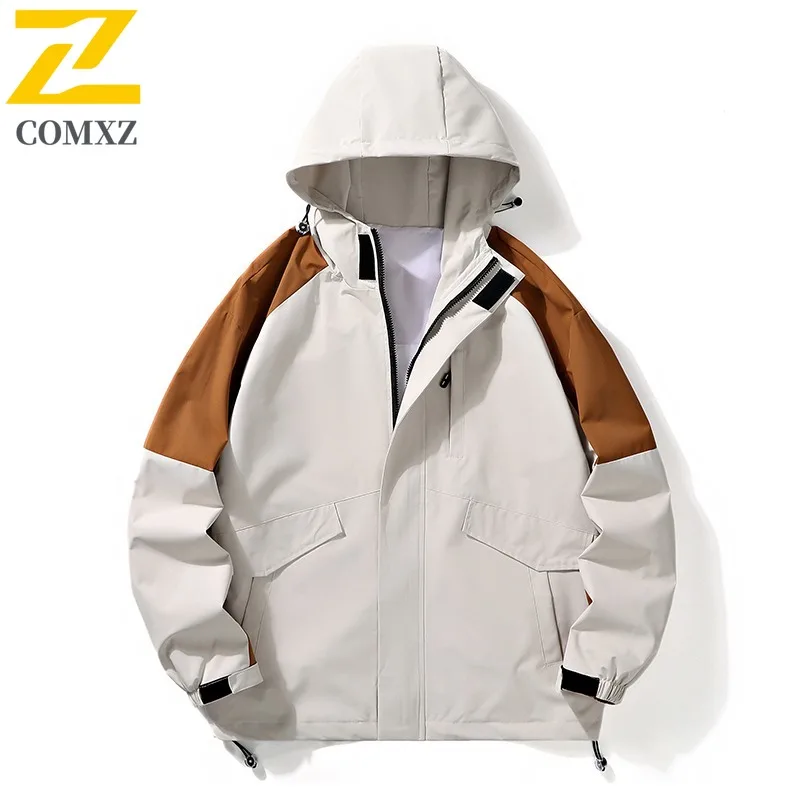 

COMXZ Men Jacket Leisure Splicing Hood Outdoor Climbing Lightweight Motorcycle Jacket Adventure Windproof Autumn Windbreaker