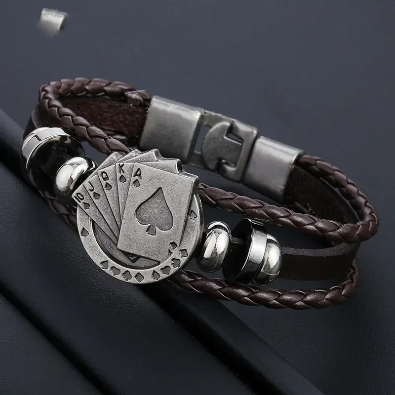 Men's Leather Bracelets Vintage Lucky Poker Card ID Stars Bar Charm Multilayer Strand Bracelet Male Jewelry Gift image 2