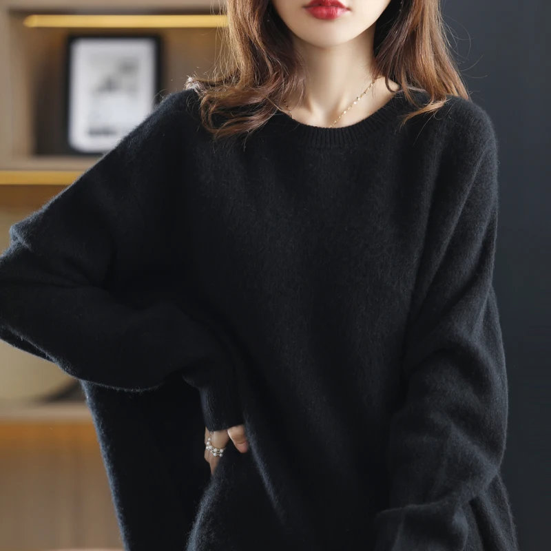 Plus Size Knit Jumper Women\'s Round Neck Sweater 100% Pure Australian Wool Warm And Soft Cashmere Loose Pullover For Winter Top