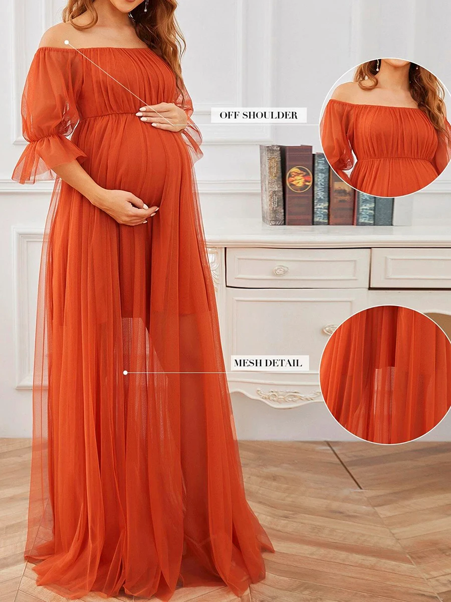 

Elegant Off Shoulder Maternity Dress with Short Sleeves and Tulle Skirt Perfect for Pregnancy Photoshoots and Special Occasions