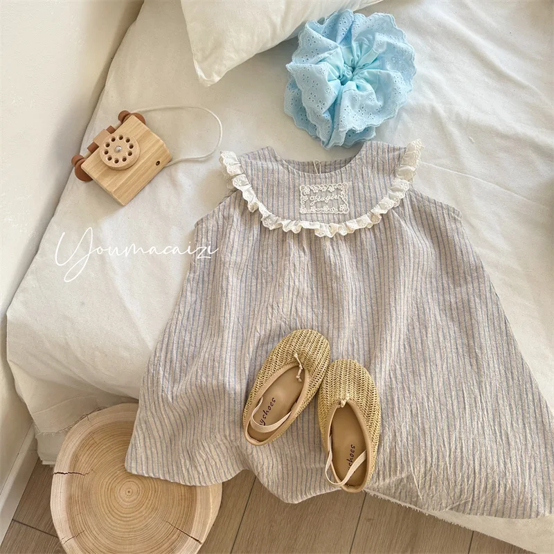 

2025 Summer New Product Children's Korean Version Lace Lace Labeling Dress Girls Baby Sleeveless Vertical Strip Skirt