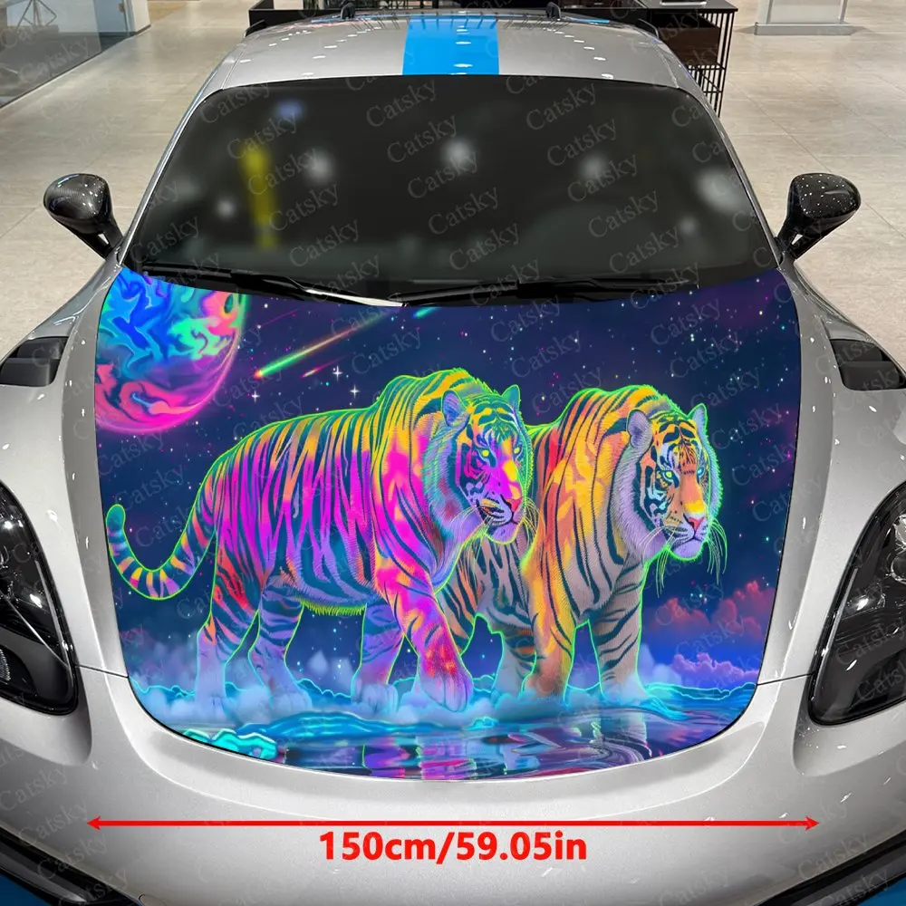 Adesivos românticos para capô de carro, par de tigre neon - envoltório de vinil autoadesivo, à prova d'água e durável, decorar e proteger seu carro - T