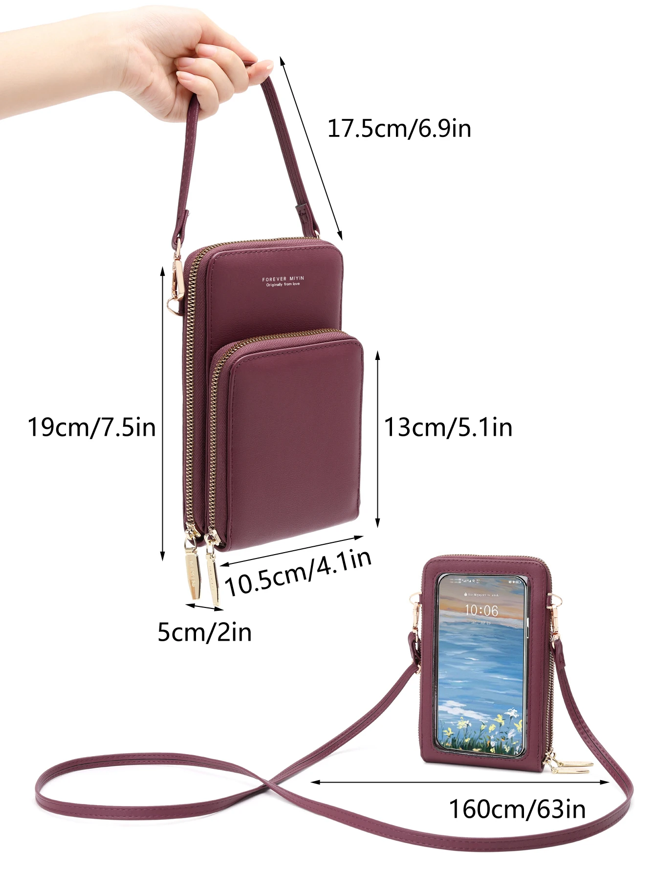 New Soft Leather Touch Screen Phone Bag Double Layer Solid Color Crossbody Shoulder Strap Handbag Large Capacity Coin Wallet