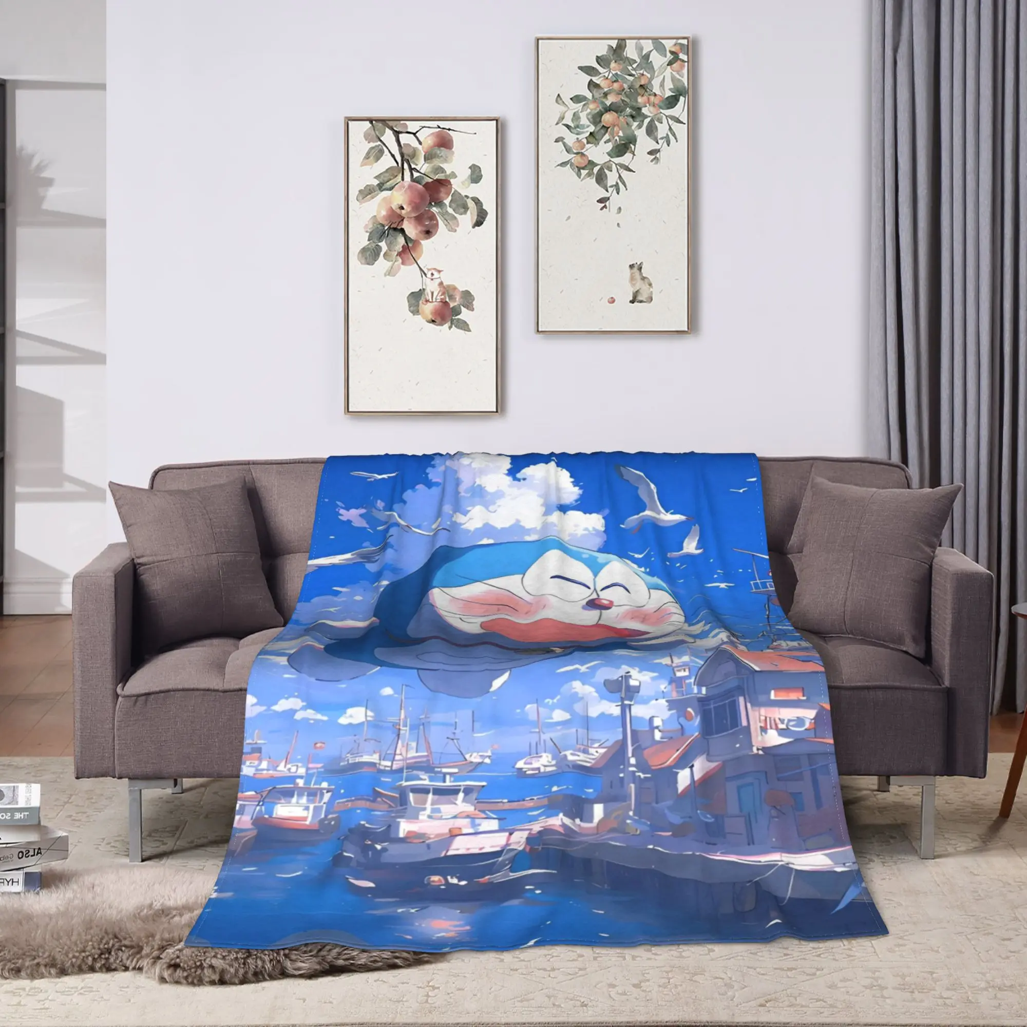 Flying Doraemons Town Flannel Blankets Winter Warm Soft Throw Blanket for Girls Boys Living Room Fluffy Bedspread Sofa Bed Cover