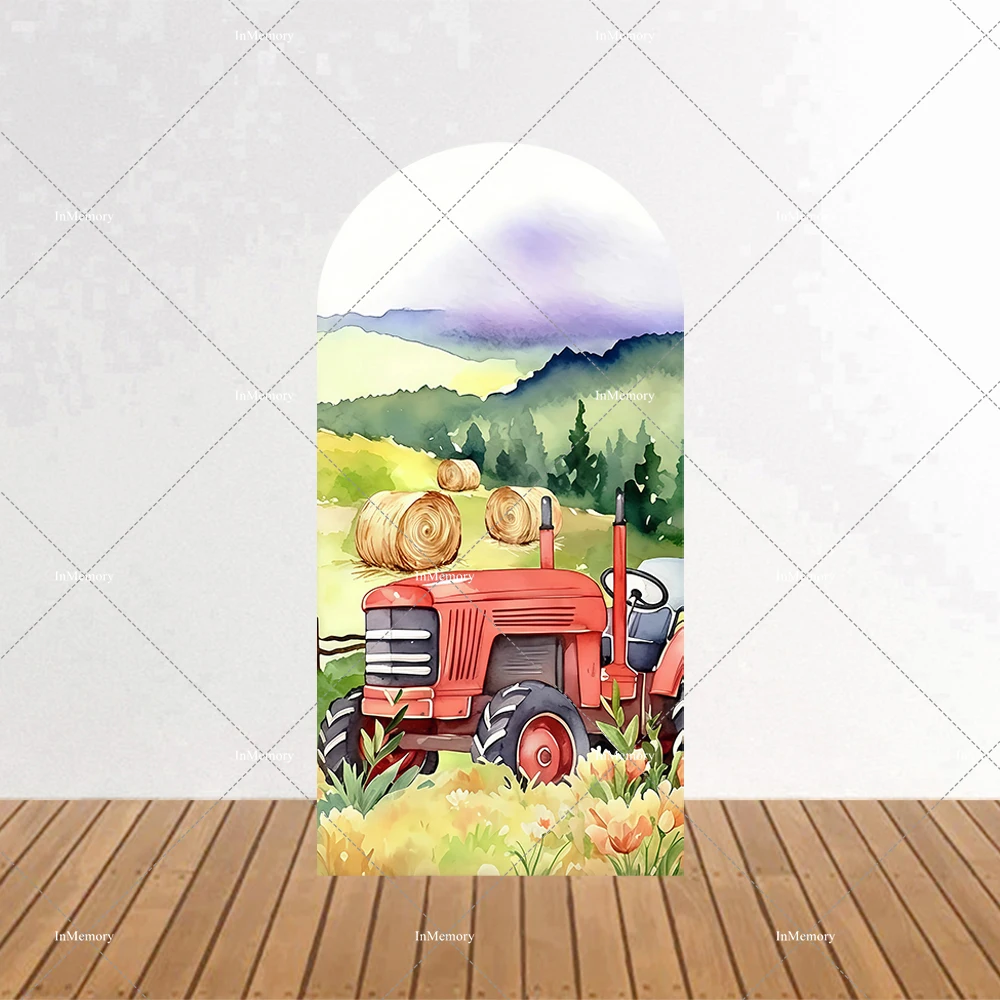Blue Boy Farm Theme Birthday Party Round Arch Backdrop Baby Animals Red Barn Wooden Fence Background Decor Haystack Plinth Cover