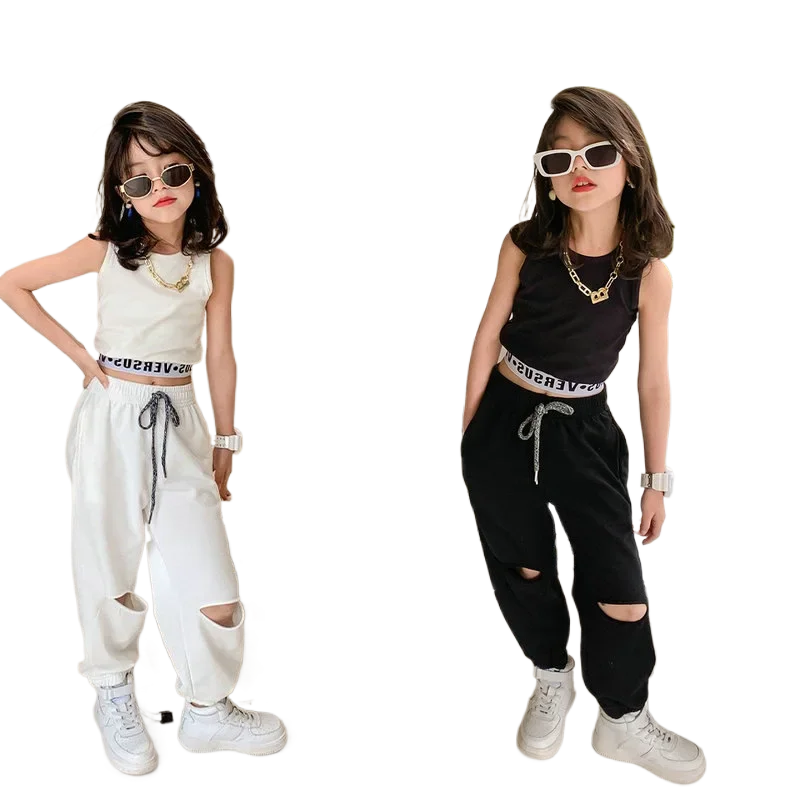 

Summer Fashion Baby Girls Cotton Sleeveless Slim T-Shirt Tops + Drawstring Ripped Pant Sets Kids 2 Pieces Outfits 2-8 Years