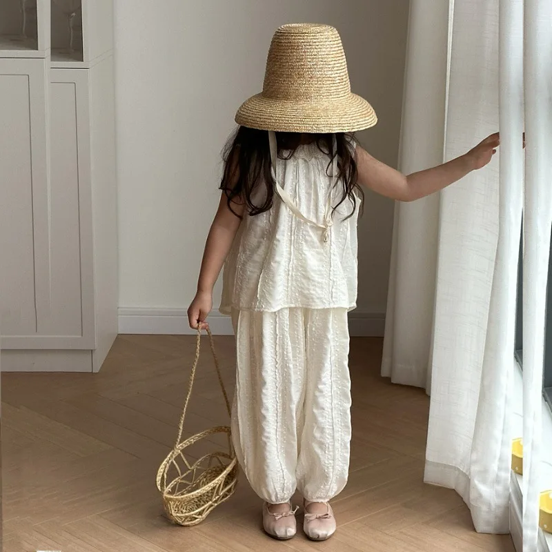 Childrens Sets Girls Korean Sling Summer Causal Fashion Trousers Two Piece Loose Thin 2024 Loose Striped Sleeveless Simple