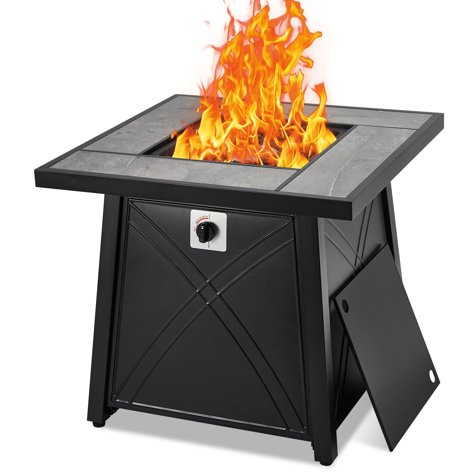 

28 Gas Square Fire Pit Table,Outdoor Fire Table, Propane Gas Fire Pit with Steel Lid and Volcanic Rock, Adjustable Footpads