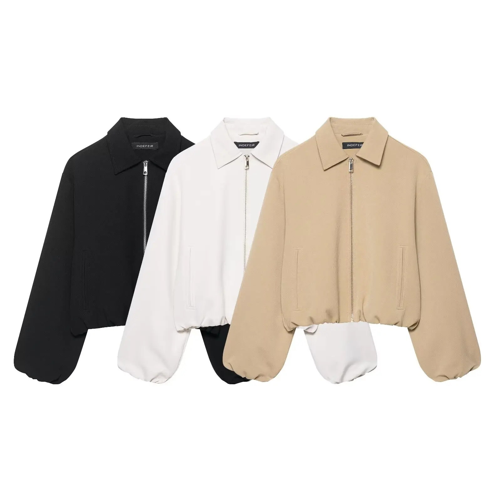 

2025 New Fall Women's Fashion Zipper Pleated Jacket Lapel Collar Long Sleeve Elastic Trim Solid Color Jacket