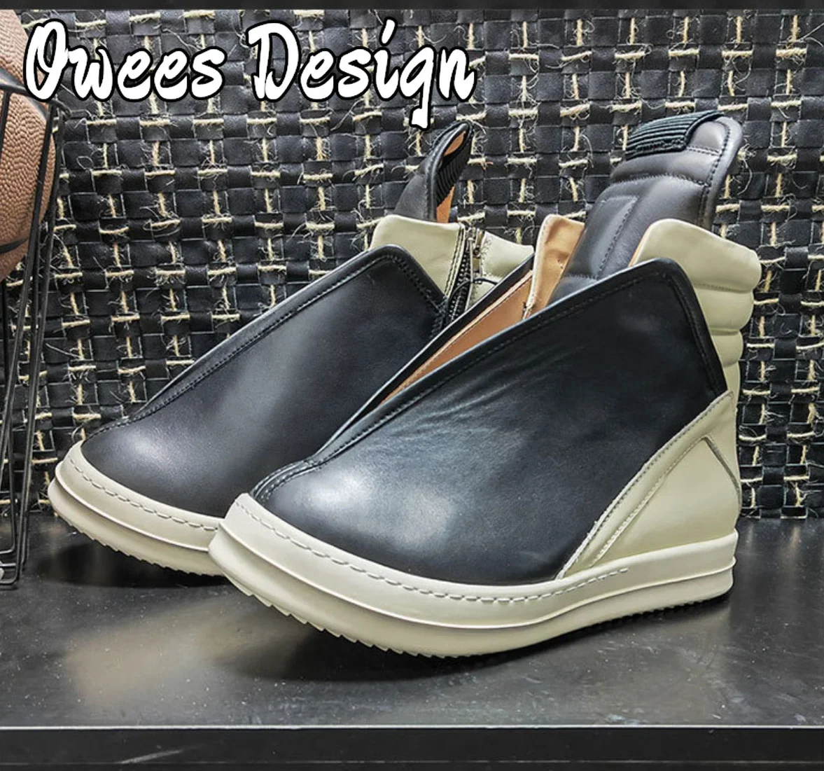 Owees تصميم حذاء رجالي كاجوال عالي الجودة حذاء رياضي أسود حذاء بوت بطول الكاحل Geobasket جلد موضة سميكة وحيد حذاء مسطح بسحاب