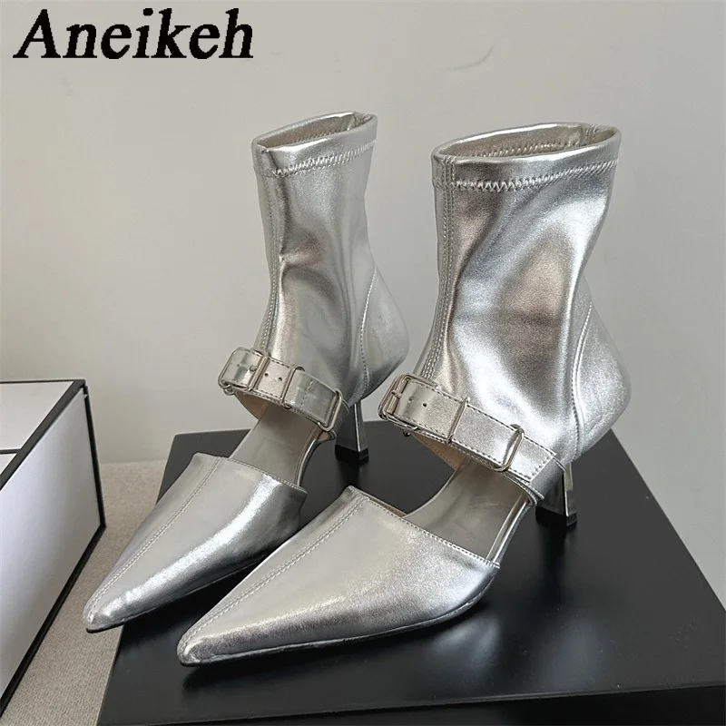 Aneikeh, zapatos de verano a la moda con punta estrecha para mujer, botines sexis 2021, botas a media pantorrilla, zapatos romanos, botas para mujer, tacón fino calado