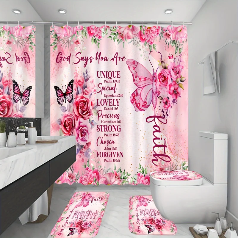 

4 шт., набор занавесок для душа с розовыми мотивами и цитатами, занавеска для душа с цветочными бабочками и 12 крючками, нескользящий коврик для ванной комнаты, туалет
