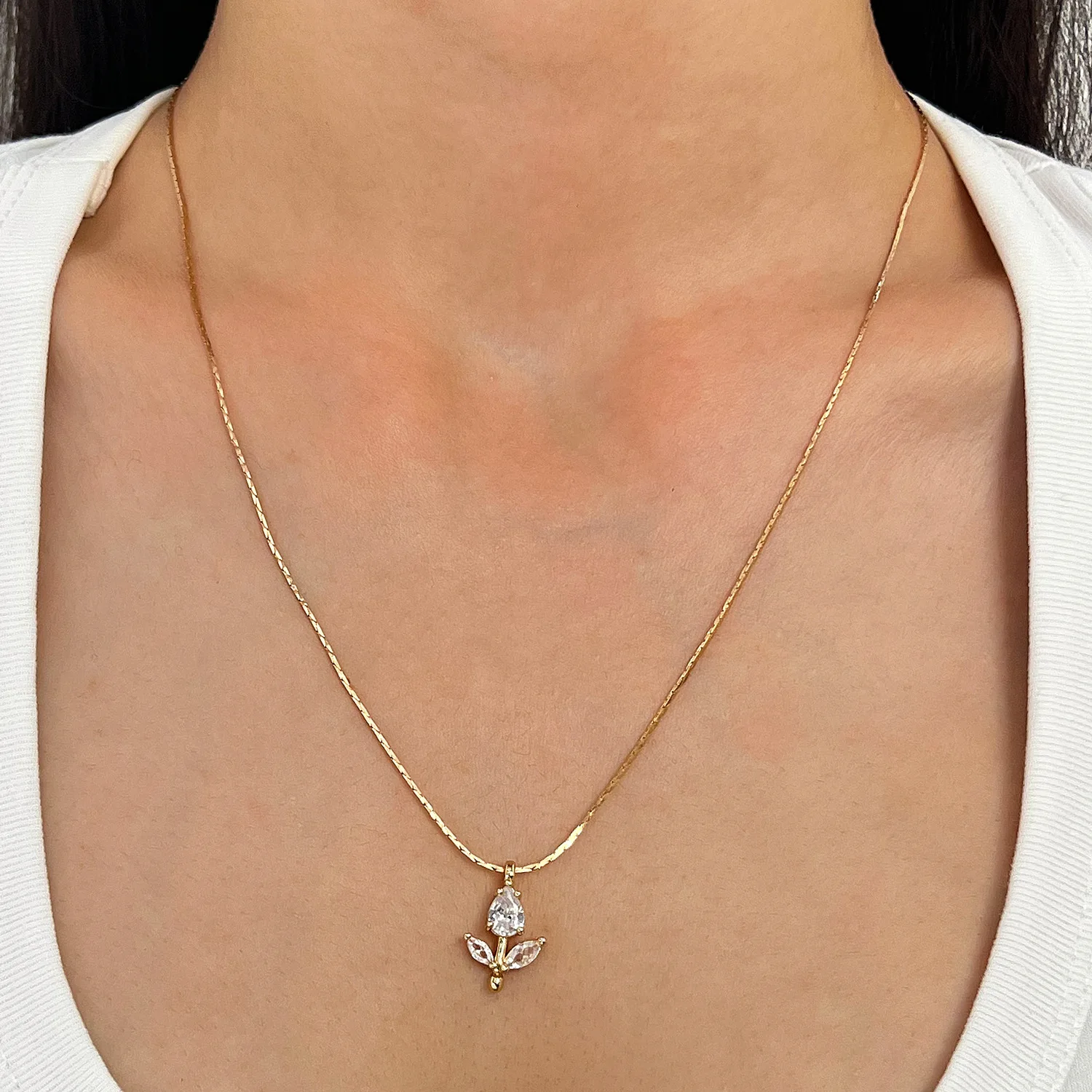 Women's Romantic Gold Tone Stainless Steel Colorful Zircon Tulip Flower Pendant Necklace Valentines Jewelry Colorfast