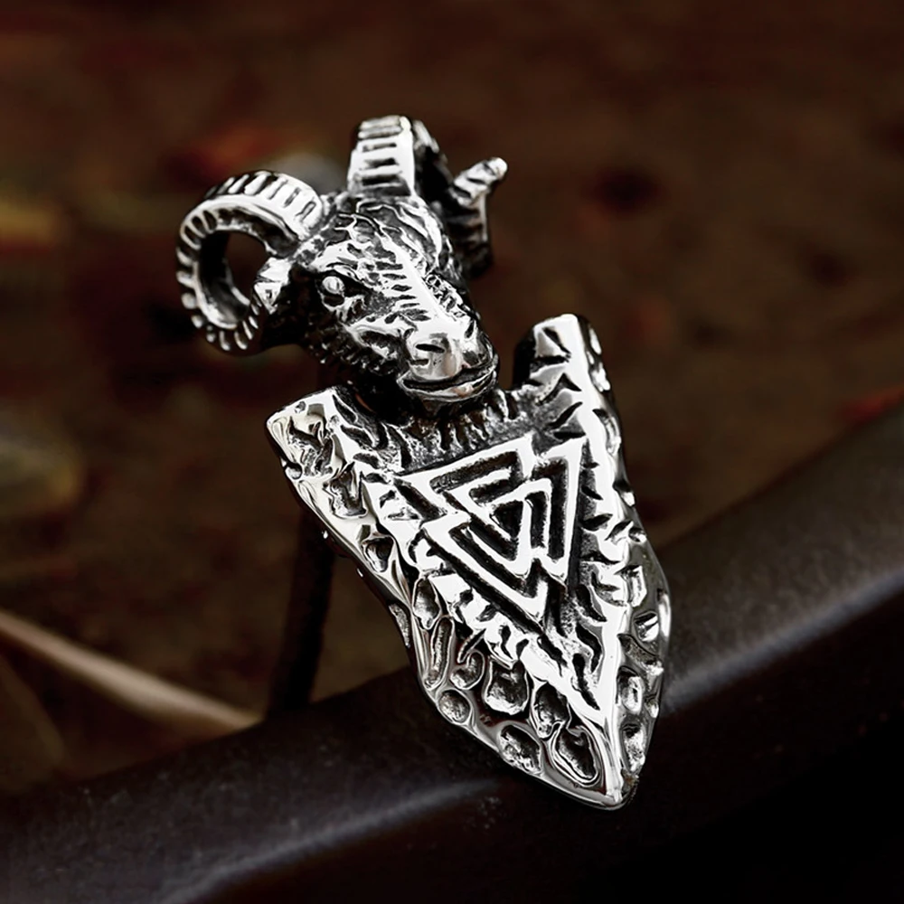 Fashion Vintage Sheep Head Pendant for Men 316L Stainless Steel Valknut Spear Necklace Biker Amulet Jewelry Gifts Wholesale