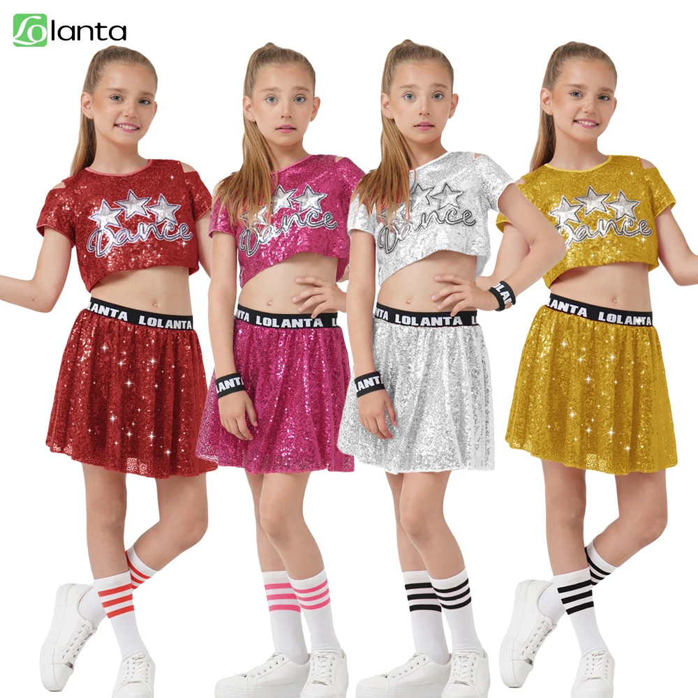 LOlanta 4Pcs Cheering Sequin Uniforms Outfit for Kid Girls Short Sleeve Crop Top & Skirt Set Street Dance Jazz Costumes