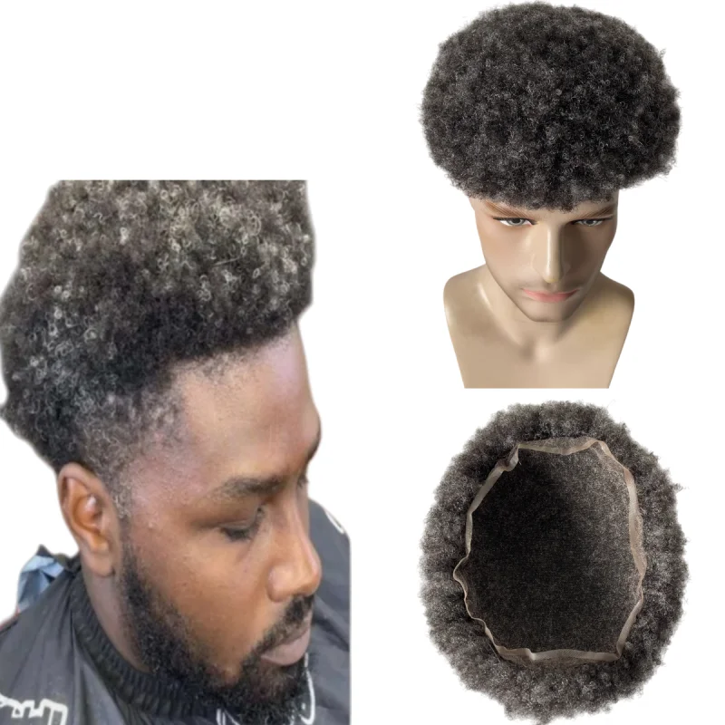 

Burmese Virgin Human Hair Hairpieces 4mm Root Afro 1b50 Grey White Human Hair Full Lace Unit for Old Black Men