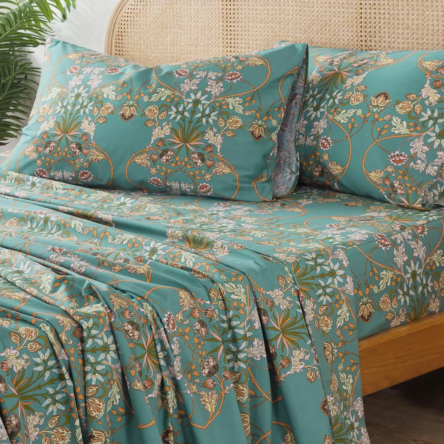 Juego de Sábanas Queen Floral Teal 100% Algodón Percal Estilo Americano Vintage Azul Naranja Suave Transpirable con Bolsillos Profundos
