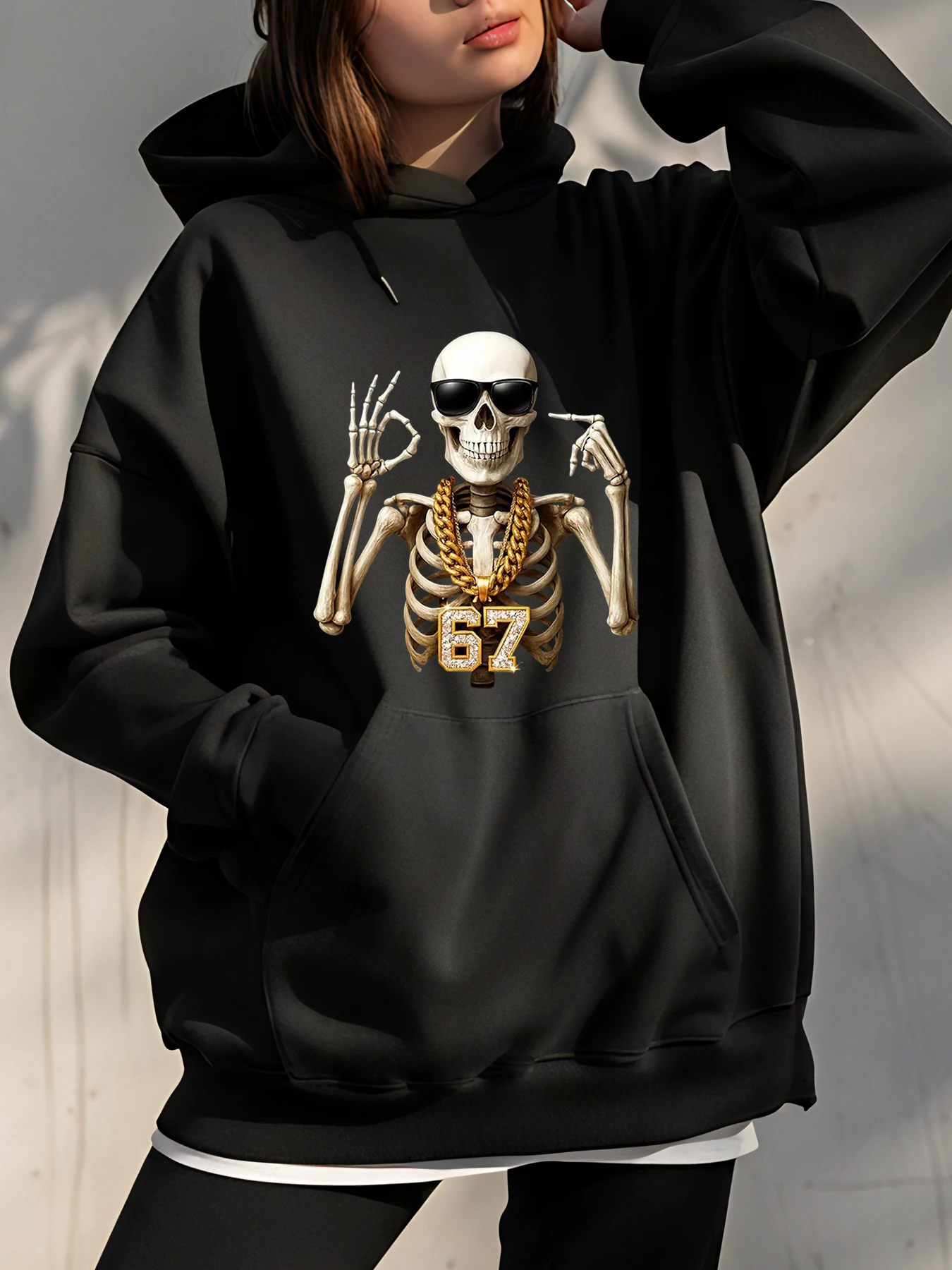 

Толстовка с принтом скелета, черная толстовка, уличная модная женская повседневная одежда, 67, дизайн цифр в стиле хип-хоп