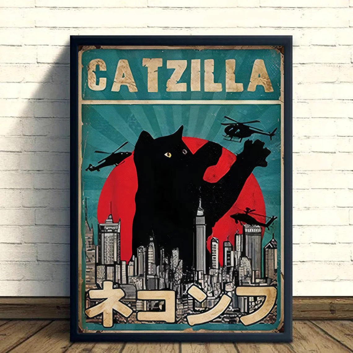 Catzilla Poster, Wall Art Canvas, Cat Monster Illustration Canvas, Cityscape Cat Poster, Animal Lover Canvas, Posters D